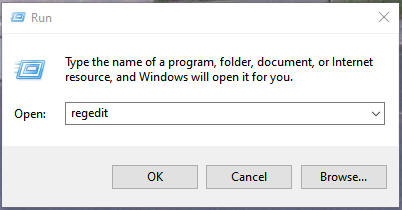 Run dialog box with regedit entered